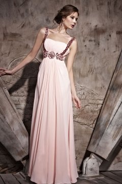 Ruched Beading Straps Tencel A line Formal Evening Dress