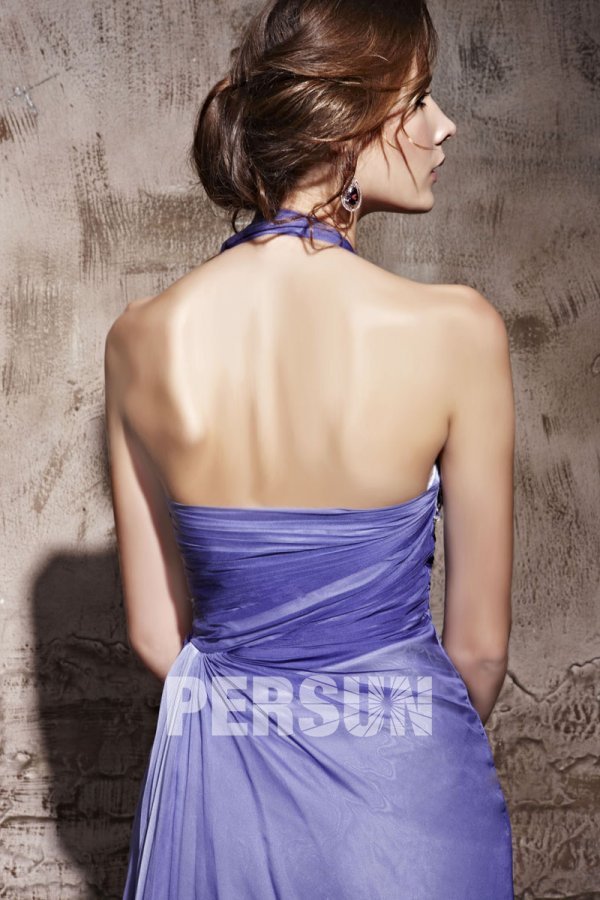 Ruched Applique Beading Halter Tencel Purple A line Formal Evening Dress