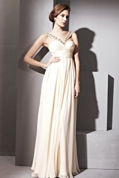 Vestido de Noche de Lyocell Crema con Escote en V Abalorio Corte A