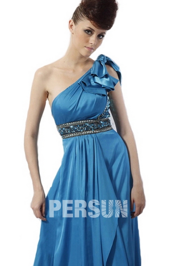 Beading Rhinestone One Shoulder Satin Blue A line Formal Dress
