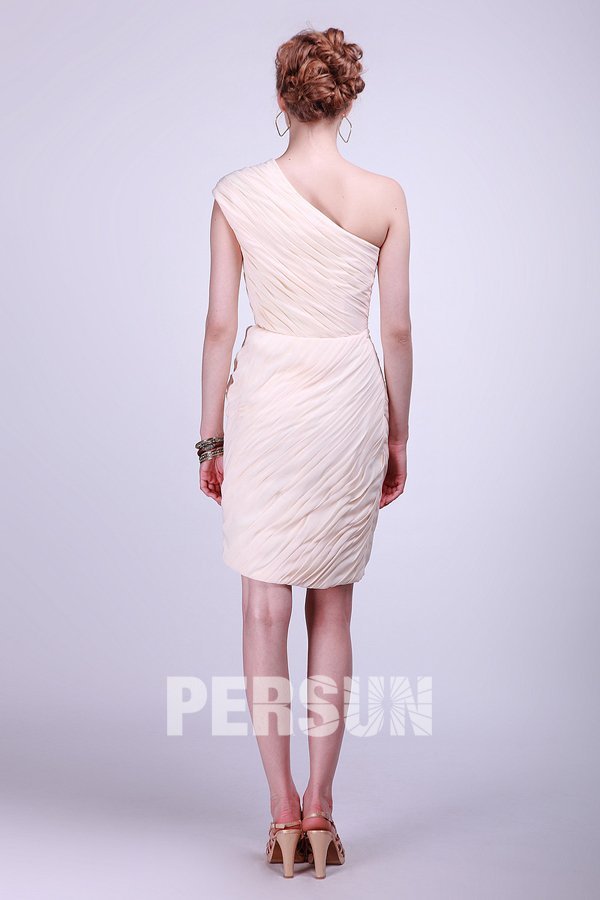 Ruching One Shoulder Chiffon Cream Column Knee Length Formal Dress