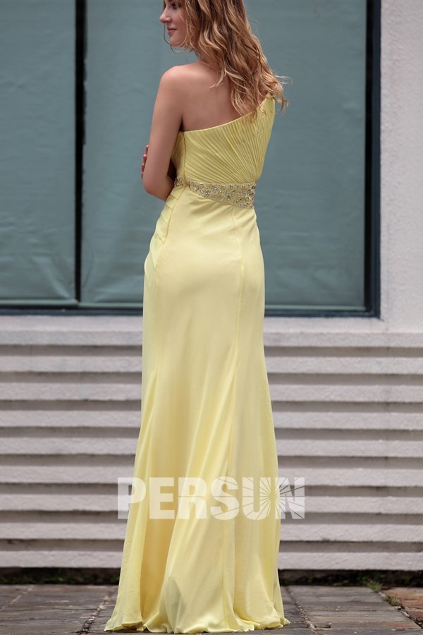Beading Pleated One Shoulder Chiffon Yellow Column School Formal Dress