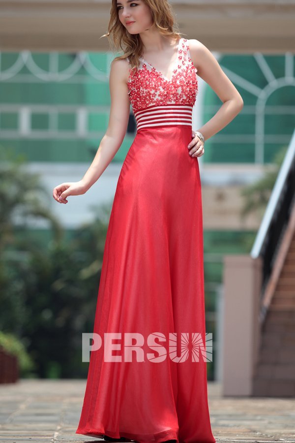Beading Applique V neck ITY Long Red School Formal Dress