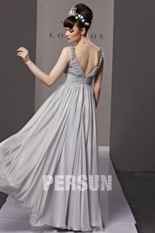 Amazing Beading Ruching V neck Tencel Grey Evening Dress