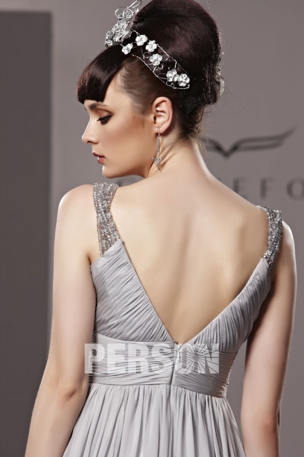 Amazing Beading Ruching V neck Tencel Grey Evening Dress