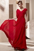V-neck Red Beading Ruching Long Tencel Evening Dress