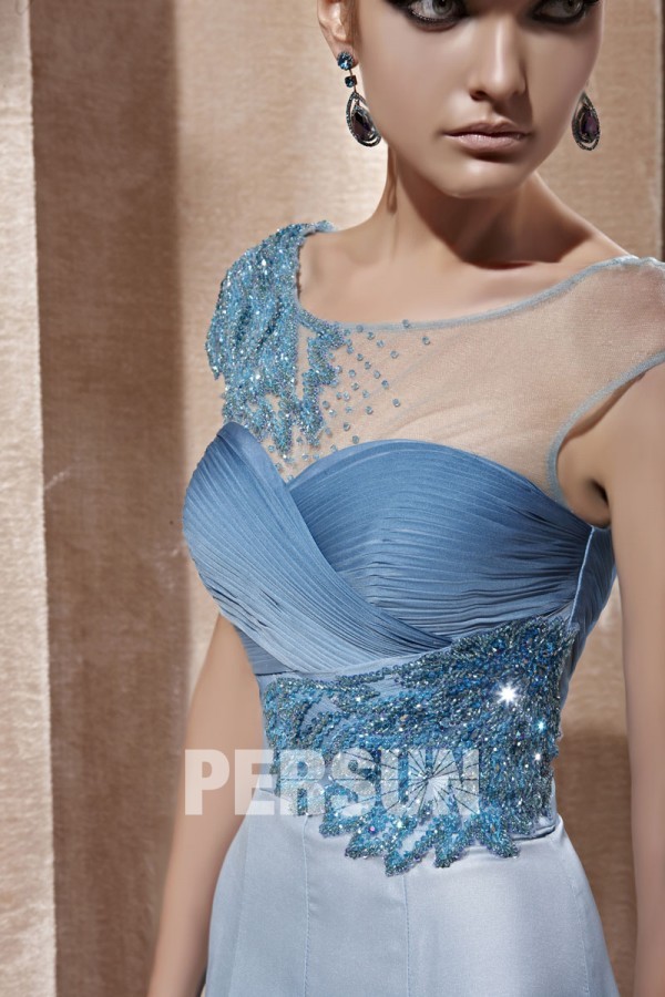 Beading Pleated Ombre Boat Neck Tencel Blue Evening Dress
