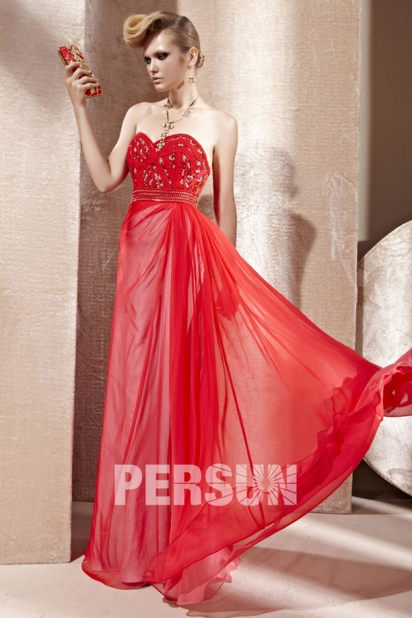 Beading Hand Tied Sequins Strapless Tencel Red Evening Dress