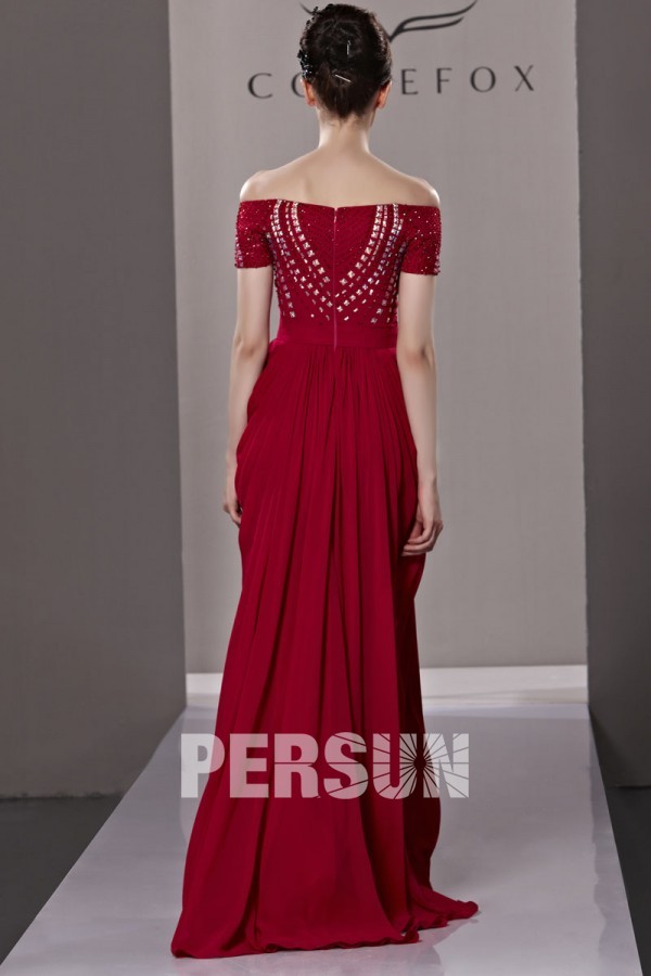 Beading Pleated Draping Strapless Chiffon Red Evening Dress