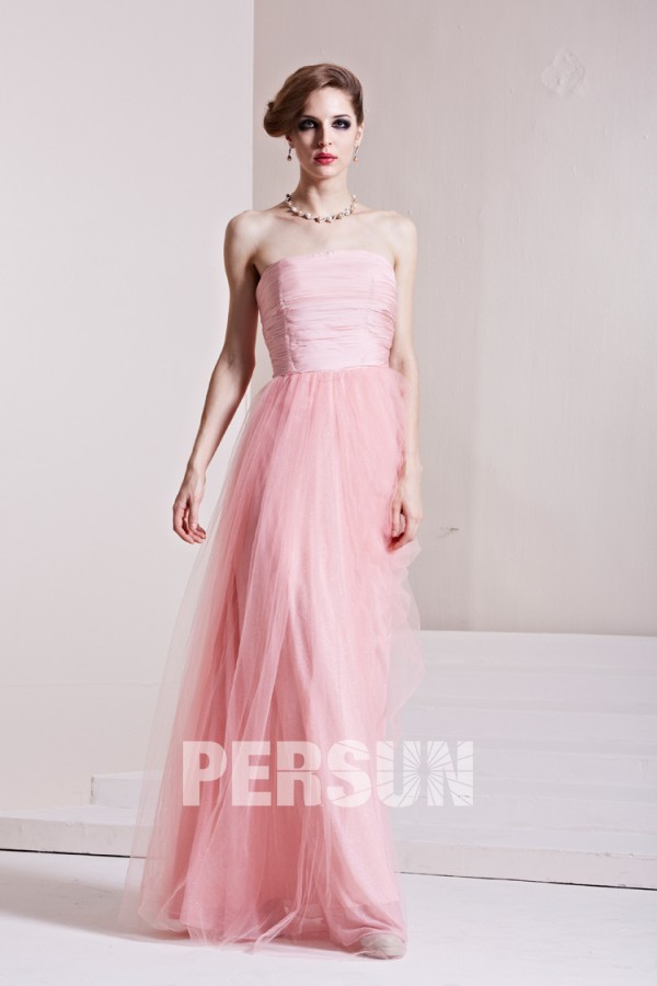 Graceful Ruching Strapless Tulle A line Long Evening Dress