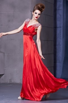 Beading Ruching V neck Silk Like Satin A line Long Evening Dress