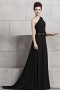 Graceful Sequins Pleats One Shoulder Chiffon Black A line Long Evening Dress