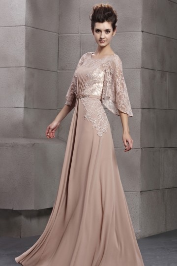 Dressesmall Graceful Scoop Lace Half Sleeves Chiffon Empire A line Long Evening Dress