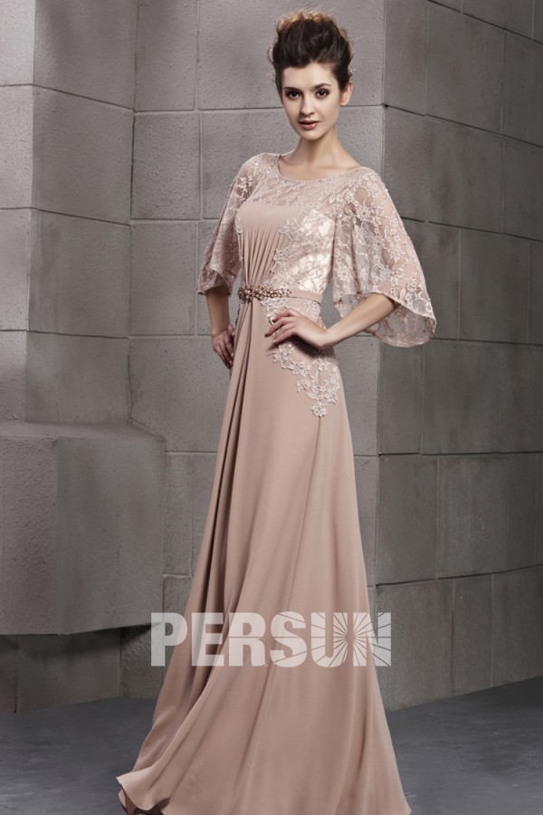 Graceful Scoop Lace Half Sleeves Chiffon Empire A line Long Evening Dress