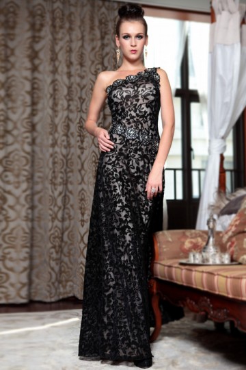 Dressesmall Chiffon One Shoulder Lace Applique Beading A line Long Evening Dress