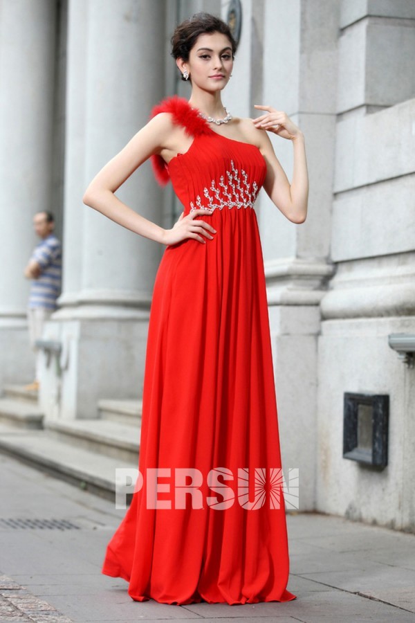 A line Empire One Shoulder Applique Beading Fur Embellishment Chiffon Long Formal Dress