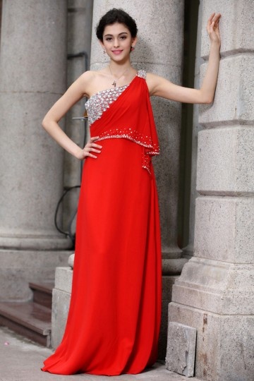 A line One Shoulder India Style Crystal Detailing Beading Ruffle Chiffon Floor Length Evening Dresses