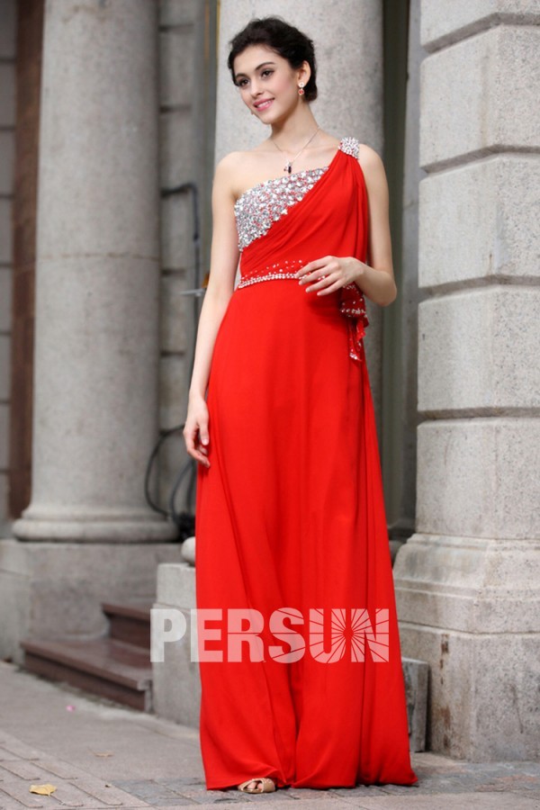 A line One Shoulder India Style Crystal Detailing Beading Ruffle Chiffon Long Formal Dress