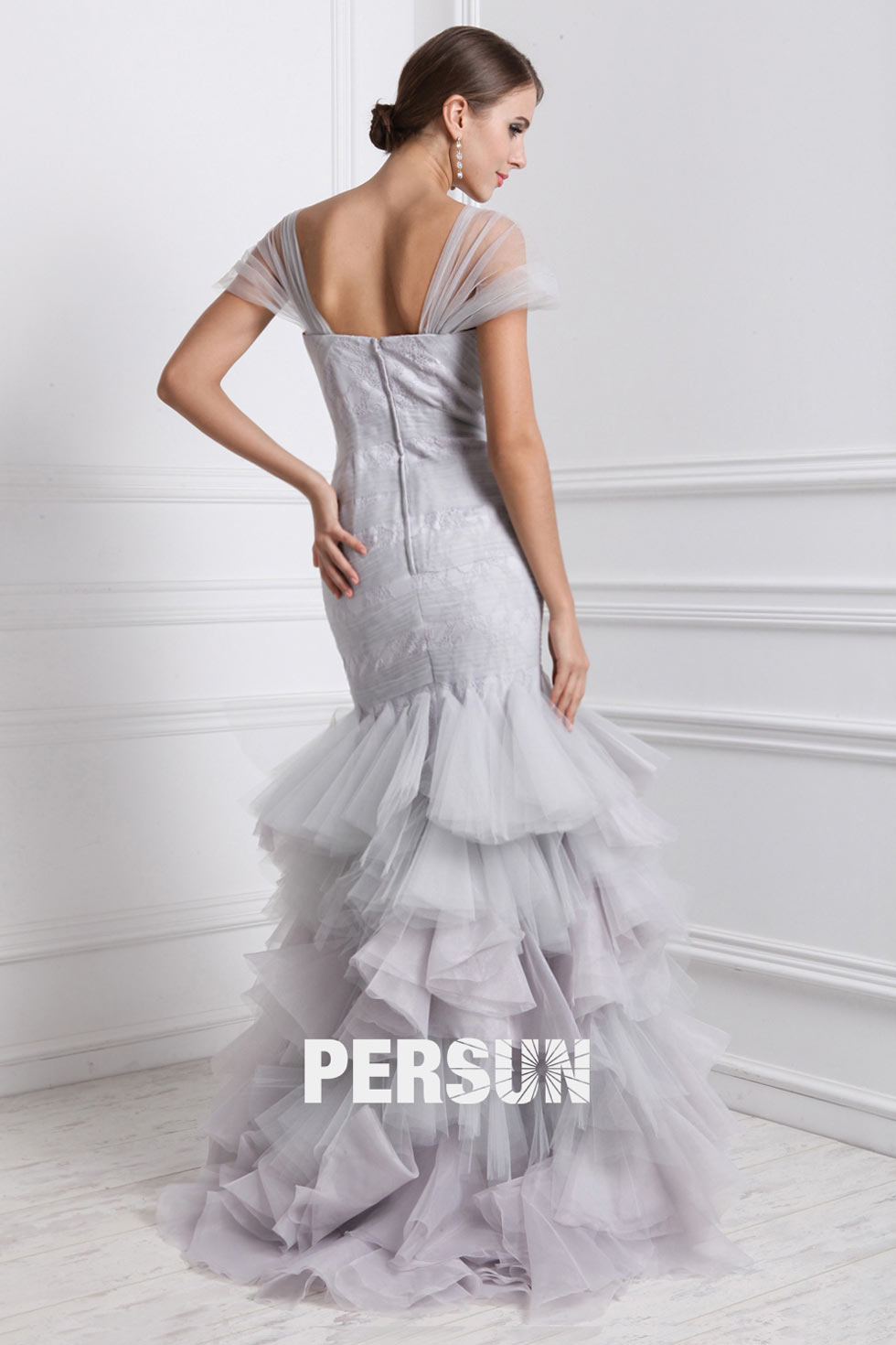 Stylish Tulle Square Neck Ruching Merimaid Long Formal Evening Dress