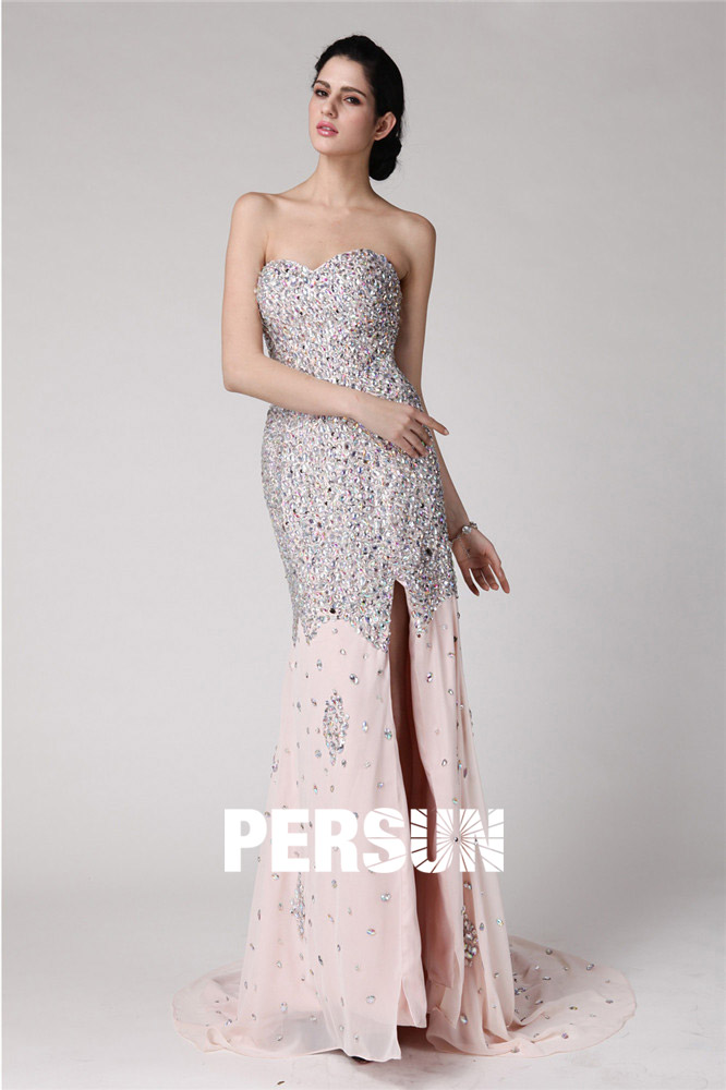 Gorgeous Sequins Side Slit Chiffon Full Length Formal Dress