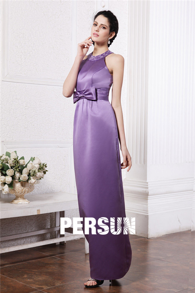 Simple Jewel Purple Tone Sleeveless Bow Full length Formal Evening Dress