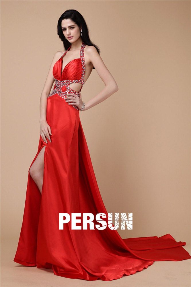 Sexy Halter Side Slit Red Beading Formal Evening Dress