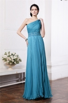 Chic One Shoulder Blue Tone Ruching Chiffon Full Length Formal Evening Dress