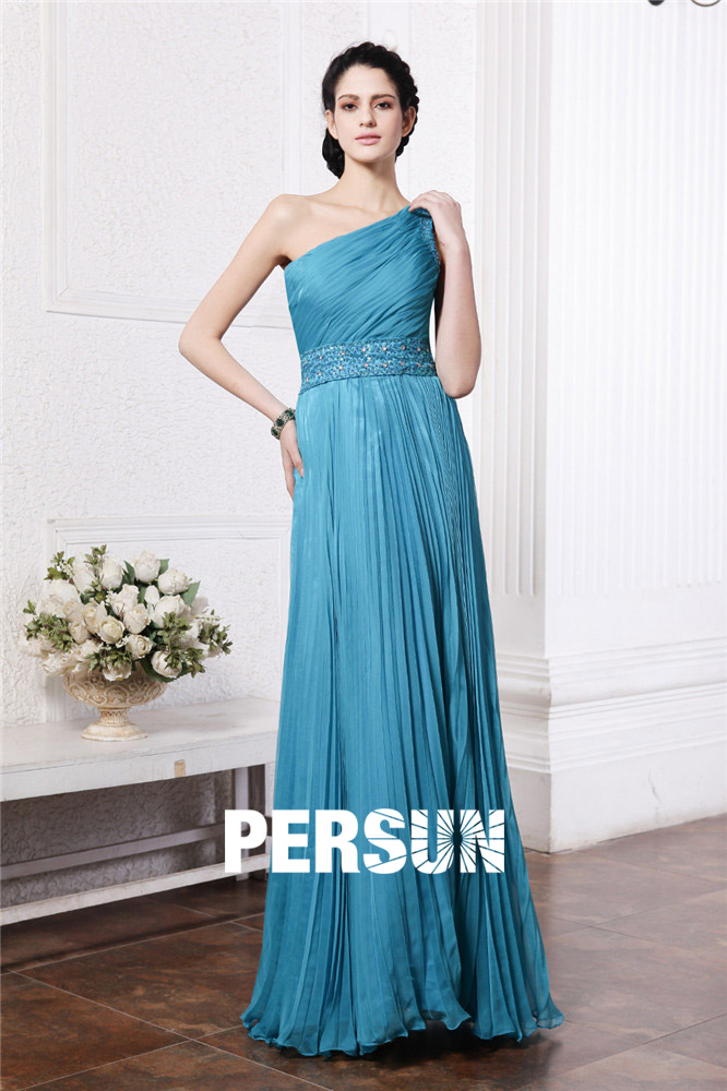 Chic One Shoulder Blue Tone Ruching Chiffon Full Length Formal Evening Dress