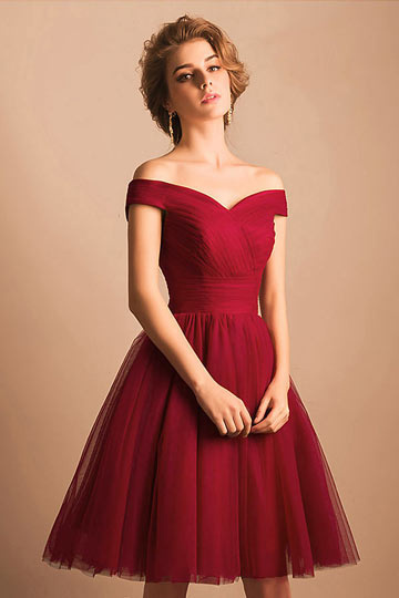 Off Shoulder Red Short Dress in Tulle for Wedding Gala