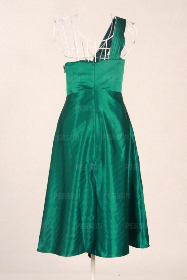 Ruched One Shoulder Satin Green A line Short Formal Dress