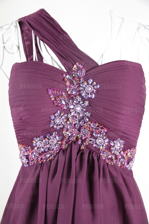 Elegant Beaded One Shoulder Chiffon Purple Short Formal Dress