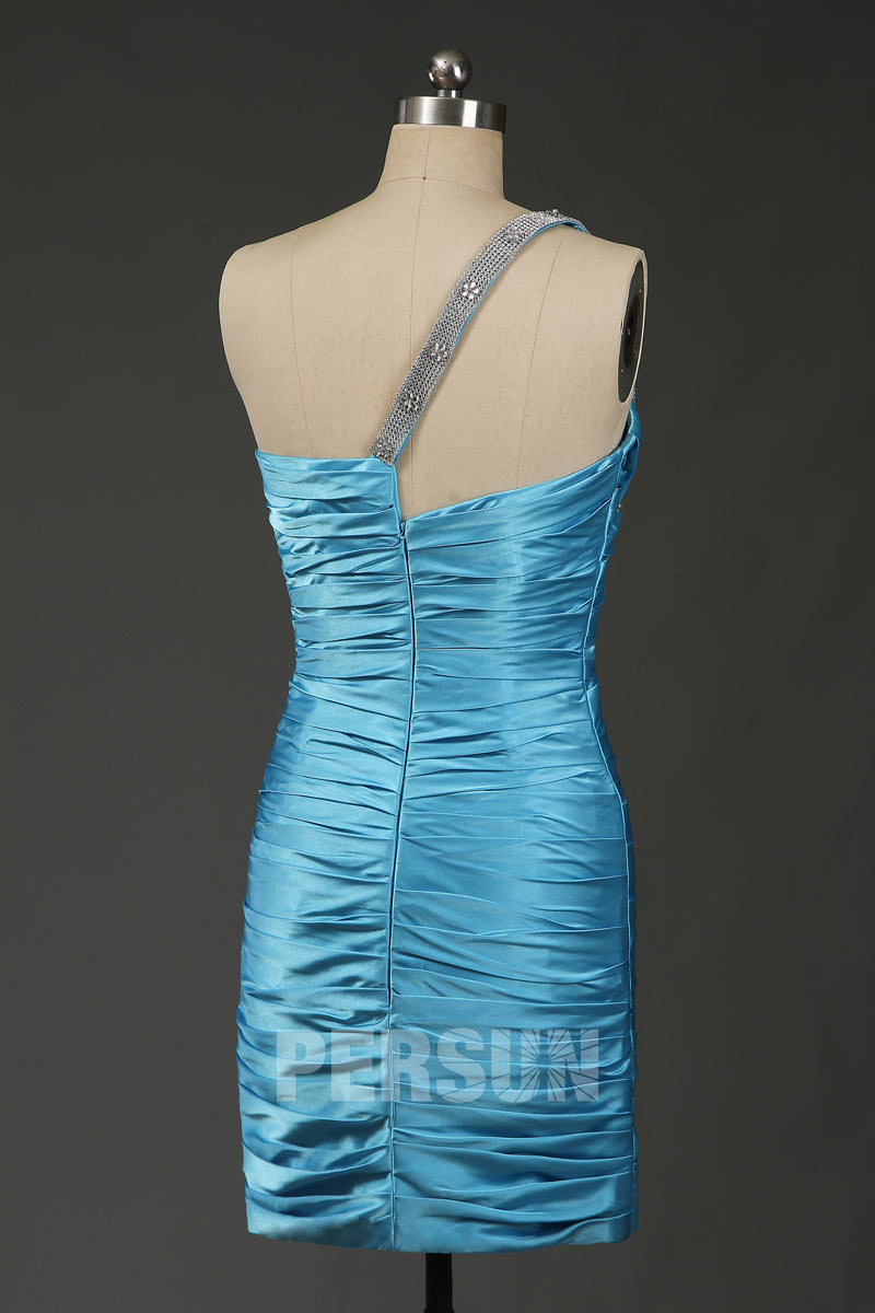 Beaded One Shoulder Satin Blue Column Short Formal Dress