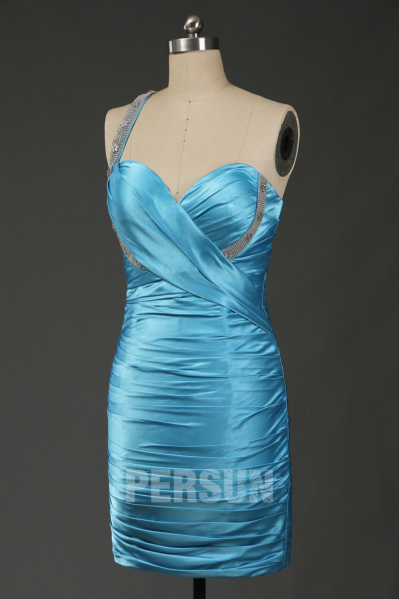 Beaded One Shoulder Satin Blue Column Short Formal Dress