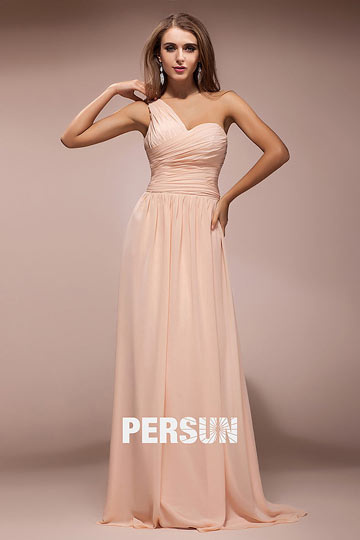 One Shoulder Ruching Chiffon Sash Long A line Formal Dress Persun