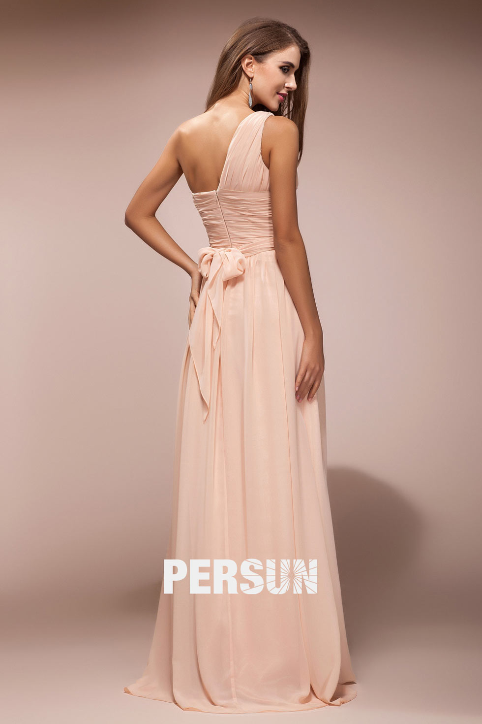 Simple Ruched One Shoulder Chiffon Long A line Formal Dress