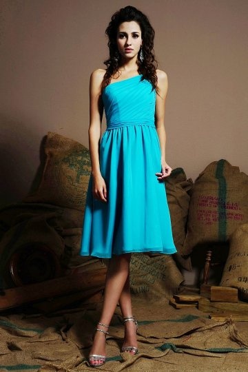 One Shoulder Blue Ruched Knee Length A-line Chiffon Bridesmaid Dress