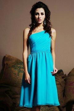 Ruched One Shoulder Knee Length Blue Chiffon A line Formal Dress