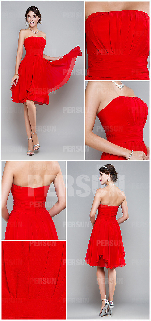  Simple Ruched Strapless Chiffon Red Knee Length A line Formal Dress