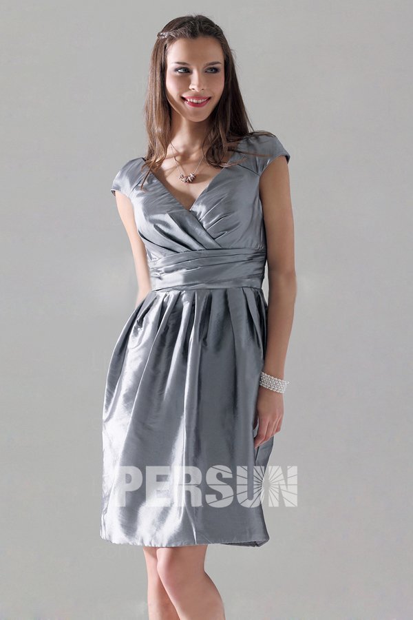 Pleated V neck Silver Taffeta A line Formal Dress