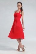Ruched Halter Chiffon Tea length Red Formal Dress