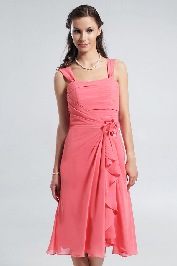 Ruched Straps Knee Length Chiffon A line Formal Dress