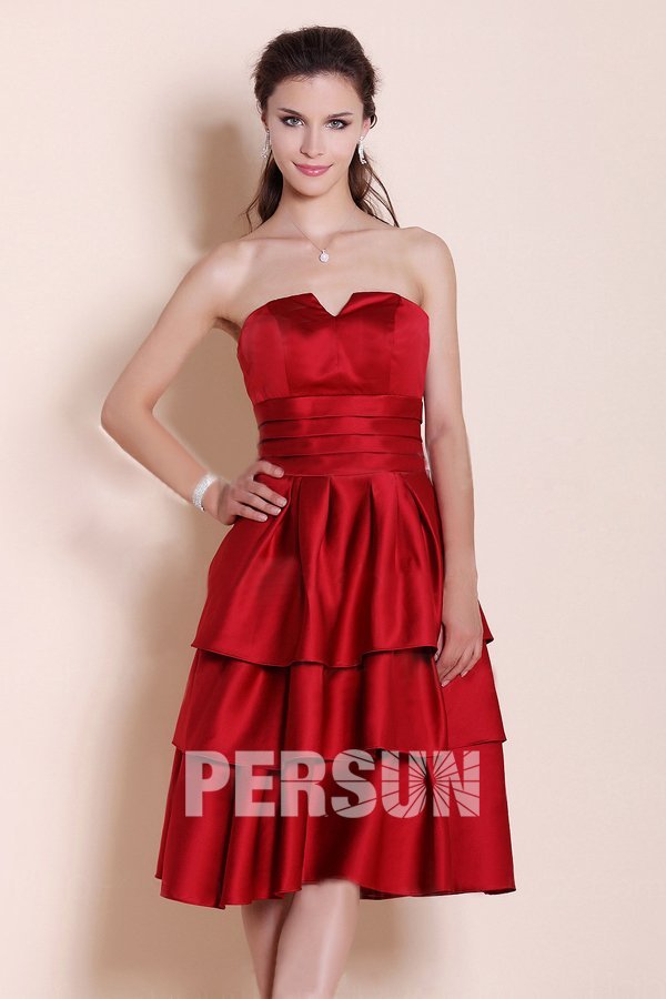 Tiered Strapless Knee Length Satin Red A line Formal Dress