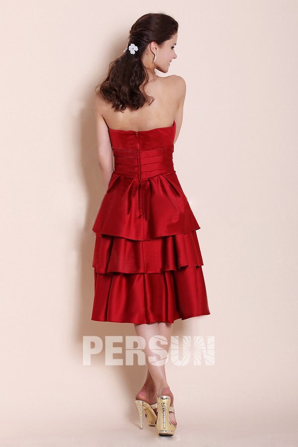 Tiered Strapless Knee Length Satin Red A line Formal Dress