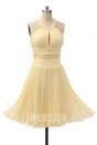 Ruched Beading Halter Chiffon White A line Knee Length Formal Dress