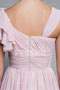 Ruched Straps Chiffon Pink A line Knee Length Formal Dress