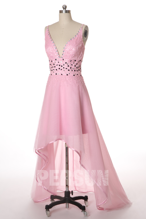 Chic High Low V Neck Champagne Beading Organza Cocktail Dress