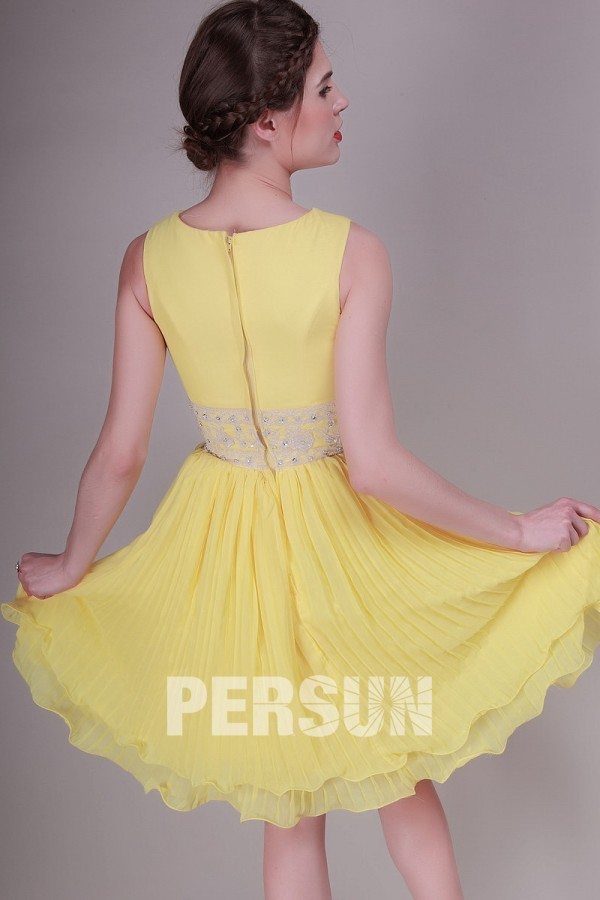 Sleeveless Yellow tone Bateau Beading Pleats Short Formal dress