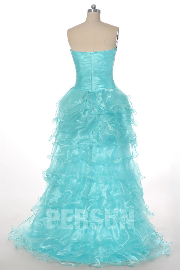 Aqua Green Tiers Beading Strapless High low Prom Dress with Sweep Train