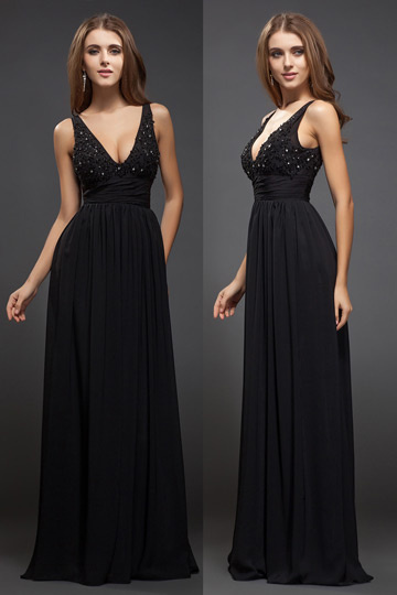 Sleek Beading Low V neck Chiffon Black A line Evening Dress