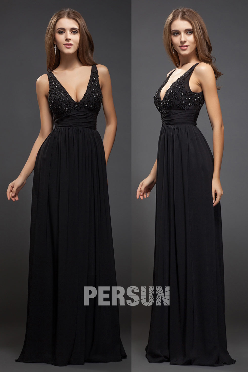 Sleek Beading Low V neck Chiffon Black A line long Evening Dress formal dresses 